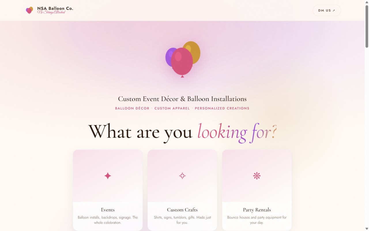 Screenshot of the live NSA Balloon Co event studio site